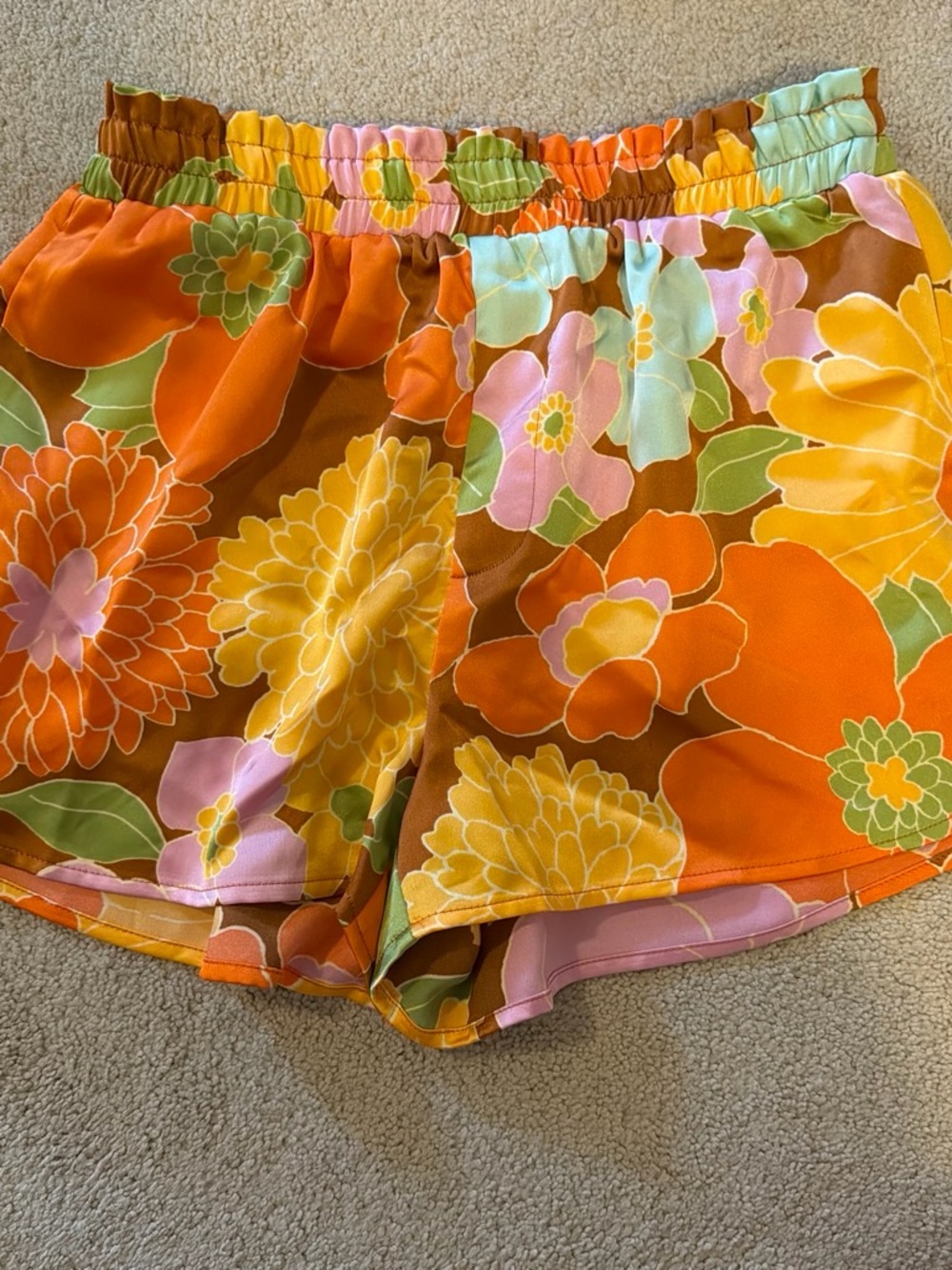 Forever 21 Retro Floral Elastic-Waist Shorts in Orange, Yellow & Green